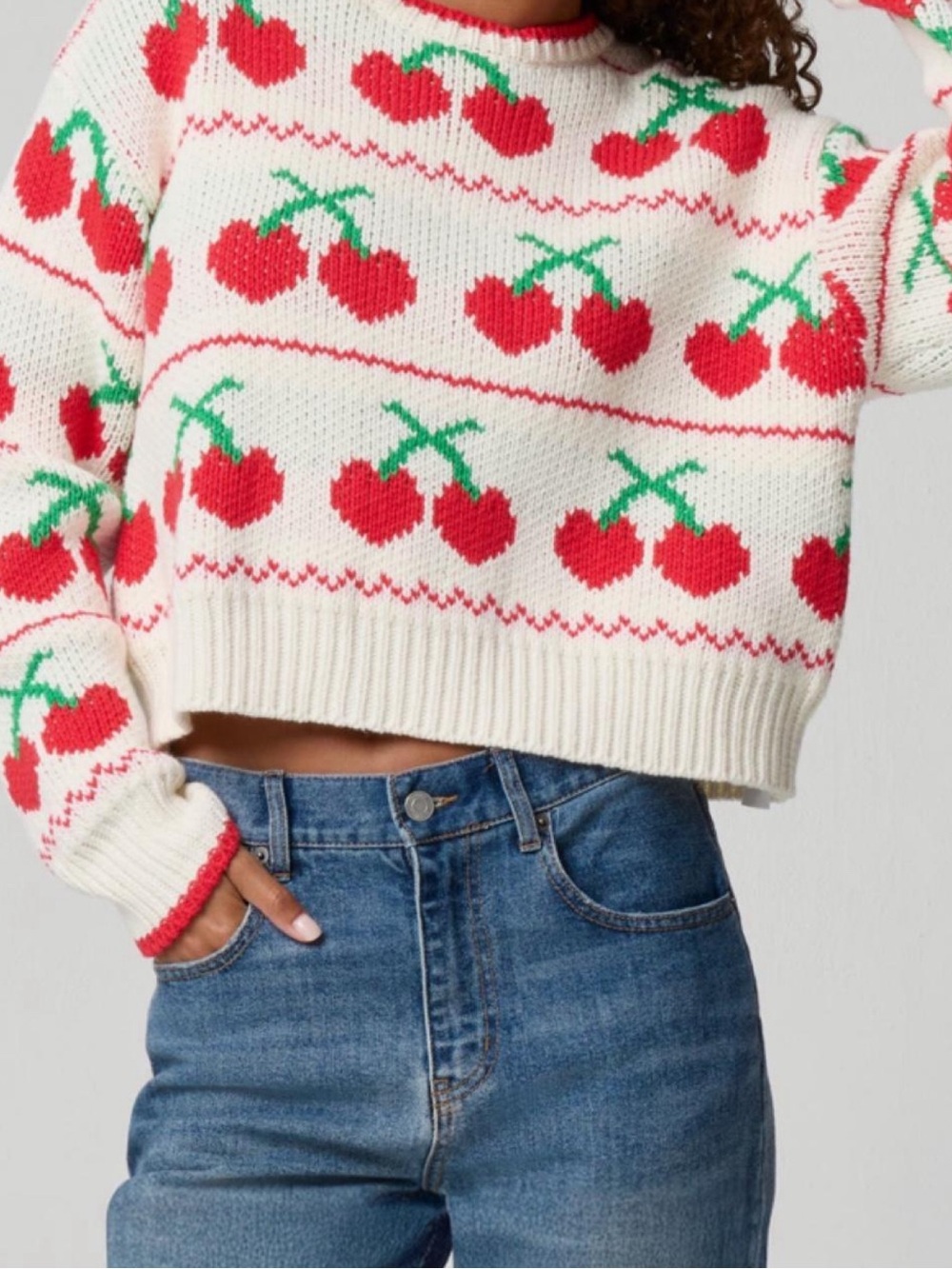 Florence By Mills Cream Cherry-Pattern Knit Crop Sweater, Size Small